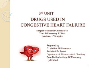 3rd UNIT
DRUGS USED IN
CONGESTIVE HEART FALIURE
Prepared by
G. Nikitha, M.Pharmacy
Assistant Professor
Department of Pharmaceutical Chemistry
Sree Dattha Institute Of Pharmacy
Hyderabad
1
Subject: Medicinal Chemistry-II
Year: B.Pharmacy 3rd Year
Semister: 1st Semister
 