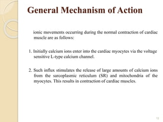 General Mechanism of Action
ionic movements occurring during the normal contraction of cardiac
muscle are as follows:
1. Initially calcium ions enter into the cardiac myocytes via the voltage
sensitive L-type calcium channel.
2. Such influx stimulates the release of large amounts of calcium ions
from the sarcoplasmic reticulum (SR) and mitochondria of the
myocytes. This results in contraction of cardiac muscles.
12
 