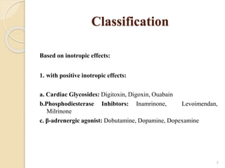Classification
Based on inotropic effects:
1. with positive inotropic effects:
a. Cardiac Glycosides: Digitoxin, Digoxin, Ouabain
b.Phosphodiesterase Inhibtors: Inamrinone, Levoimendan,
Milrinone
c. β-adrenergic agonist: Dobutamine, Dopamine, Dopexamine
7
 
