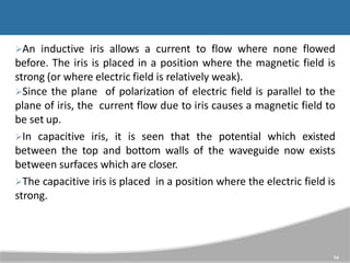 An inductive iris allows a current to flow where none flowed
before. The iris is placed in a position where the magnetic field is
strong (or where electric field is relatively weak).
Since the plane of polarization of electric field is parallel to the
plane of iris, the current flow due to iris causes a magnetic field to
be set up.
In capacitive iris, it is seen that the potential which existed
between the top and bottom walls of the waveguide now exists
between surfaces which are closer.
The capacitive iris is placed in a position where the electric field is
strong.
14
 