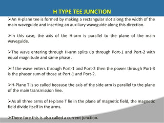 An H-plane tee is formed by making a rectangular slot along the width of the
main waveguide and inserting an auxiliary waveguide along this direction.
In this case, the axis of the H-arm is parallel to the plane of the main
waveguide.
The wave entering through H-arm splits up through Port-1 and Port-2 with
equal magnitude and same phase .
If the wave enters through Port-1 and Port-2 then the power through Port-3
is the phasor sum of those at Port-1 and Port-2.
H-Plane T is so called because the axis of the side arm is parallel to the plane
of the main transmission line.
As all three arms of H-plane T lie in the plane of magnetic field, the magnetic
field divide itself in the arms.
There fore this is also called a current junction.
H TYPE TEE JUNCTION
 