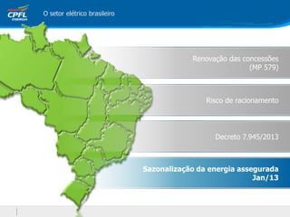 O setor elétrico brasileiro
Renovação das concessões
(MP 579)
Risco de racionamento
Decreto 7.945/2013
Sazonalização da energia assegurada
Jan/13
 