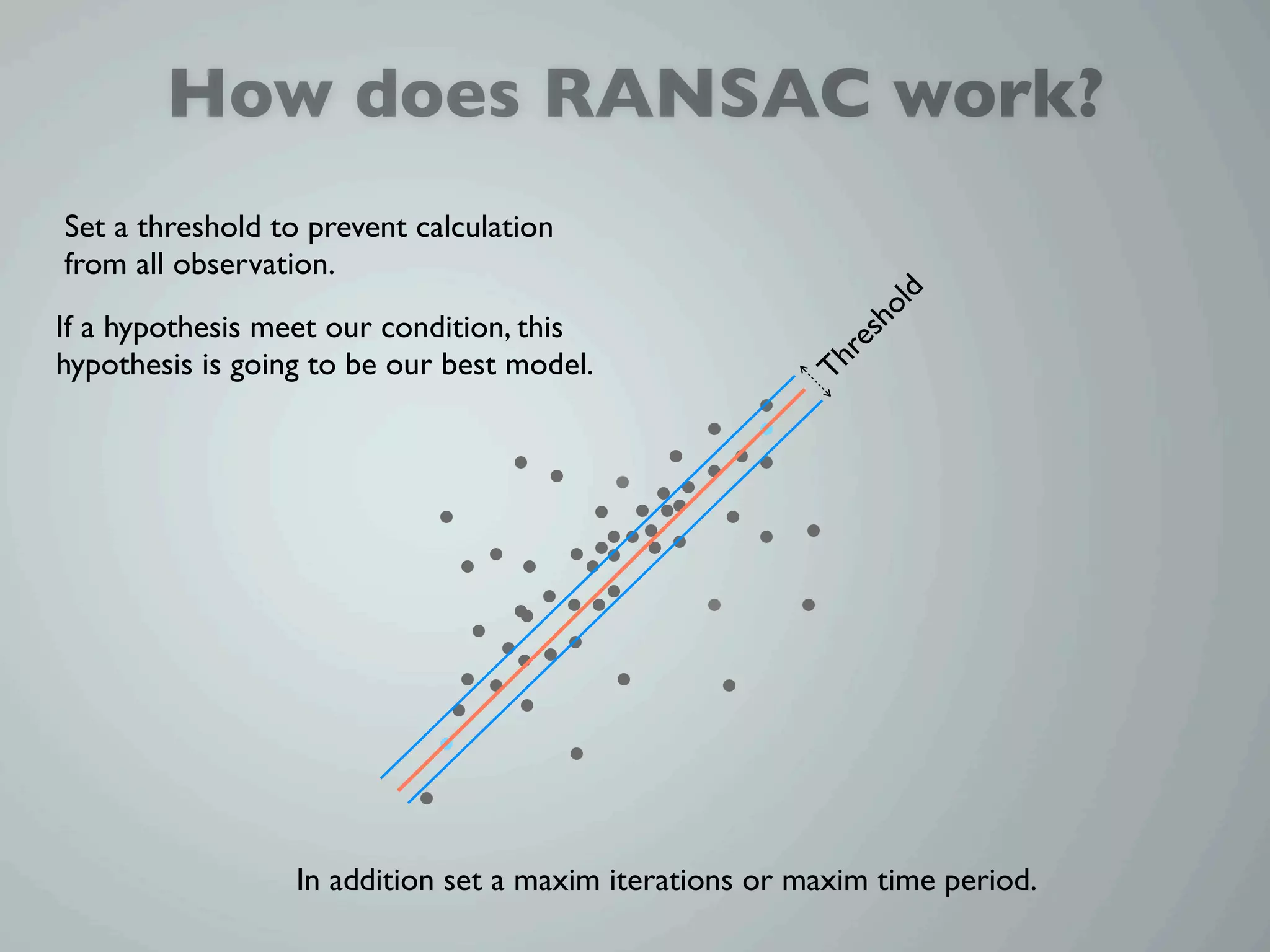 How does RANSAC work?
Set a threshold to prevent calculation
from all observation.




                                                              ld
                                                            ho
If a hypothesis meet our condition, this




                                                             s
                                                          re
hypothesis is going to be our best model.




                                                        Th
                  In addition set a maxim iterations or maxim time period.
 