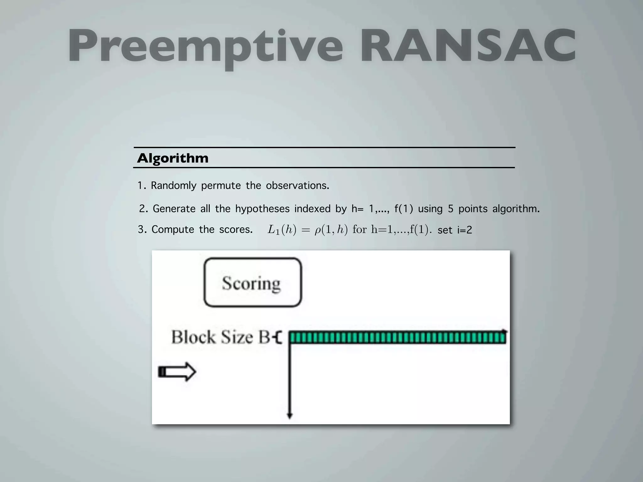 Preemptive RANSAC

  Algorithm
  1. Randomly permute the observations.
  2. Generate all the hypotheses indexed by h= 1,..., f(1) using 5 points algorithm.
  3. Compute the scores. L1 (h) = ρ(1, h) for h=1,...,f(1). set i=2
 