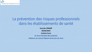 La prévention des risques professionnels
dans les établissements de santé
Journée CRAMIF
28/06/2023
Institut Curie
Dr Amel DOUADI BELLAHOUEL
Médecin du travail-Hôpital Américain de Paris
 