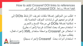 How to add Crossref DOI links to references
‫روابط‬ ‫إضافة‬ ‫كيفية‬Crossref DOI‫المراجع‬ ‫إلي‬
•‫االرتباط‬ ‫تعريف‬ ‫ملفات‬ ‫إضافة‬ ‫المؤلفين‬ ‫من‬ ‫اطلب‬DOIs‫إلى‬
‫بك‬ ‫الخاصة‬ ‫المؤلف‬ ‫إرشادات‬ ‫في‬ ‫مراجعهم‬ ‫قوائم‬
•‫إمكانية‬‫إضافة‬DOIs‫والتحرير‬ ‫النسخ‬ ‫مرحلة‬ ‫في‬
•‫فردية‬ ‫لمقاالت‬ ‫بحث‬ ‫محرك‬ ‫استخدام‬(‫بطئ‬ ‫اجراء‬)
•‫عن‬ ‫استعالم‬Crossref‫ستخدام‬ ‫بواسطة‬XML(،‫فعال‬ ‫اجراء‬
‫مهارة‬ ‫يتطلب‬)
•‫بحث‬ ‫أدوات‬ ‫استخدام‬Crossref(‫بسيط‬ ‫اجراء‬)
 