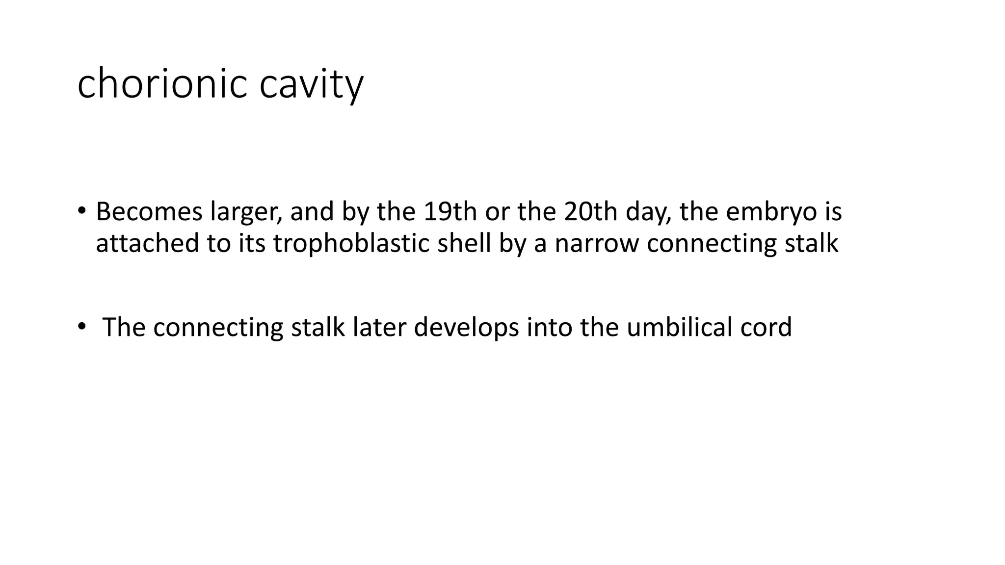 chorionic cavity
• Becomes larger, and by the 19th or the 20th day, the embryo is
attached to its trophoblastic shell by a narrow connecting stalk
• The connecting stalk later develops into the umbilical cord
 