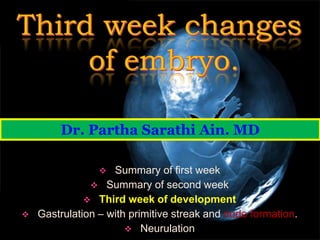  Summary of first week
 Summary of second week
 Third week of development
 Gastrulation – with primitive streak and node formation.
 Neurulation
Dr. Partha Sarathi Ain. MD
 