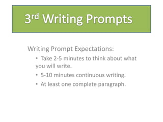 Writing Prompt Expectations:
  • Take 2-5 minutes to think about what
  you will write.
  • 5-10 minutes continuous writing.
  • At least one complete paragraph.
 