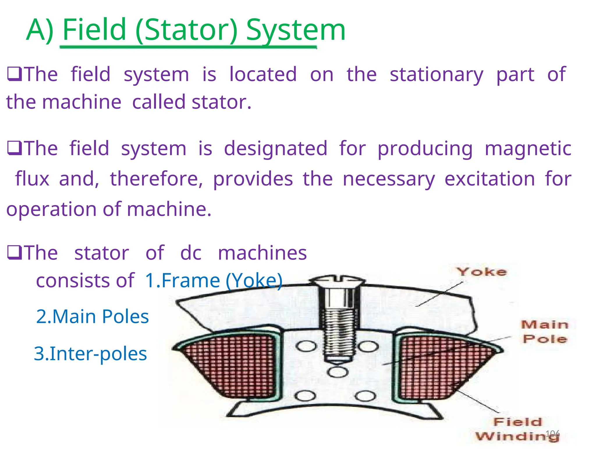 A) Field (Stator) System
The field system is located on the stationary part of
the machinecalled stator.
The field system is designated for producing magnetic
flux and,therefore, provides the necessary excitation for
operation of machine.
The stator of dc machines
consists of1.Frame (Yoke)
2.Main Poles
3.Inter-poles
106
 