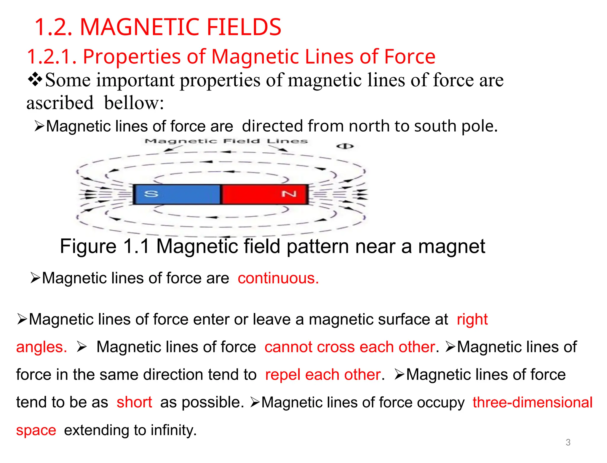 1.2. MAGNETIC FIELDS
1.2.1. Properties of Magnetic Lines of Force
Some important properties of magnetic lines of force are
ascribedbellow:
Magnetic lines of force aredirected from north to south pole.
Figure 1.1 Magnetic field pattern near a magnet
Magnetic lines of force arecontinuous.
Magnetic lines of force enter or leave a magnetic surface atright
angles.Magnetic lines of forcecannot cross each other. Magnetic lines of
force in the same direction tend torepel each other.Magnetic lines of force
tend to be asshortas possible. Magnetic lines of force occupythree-dimensional
spaceextending to infinity.
3
 