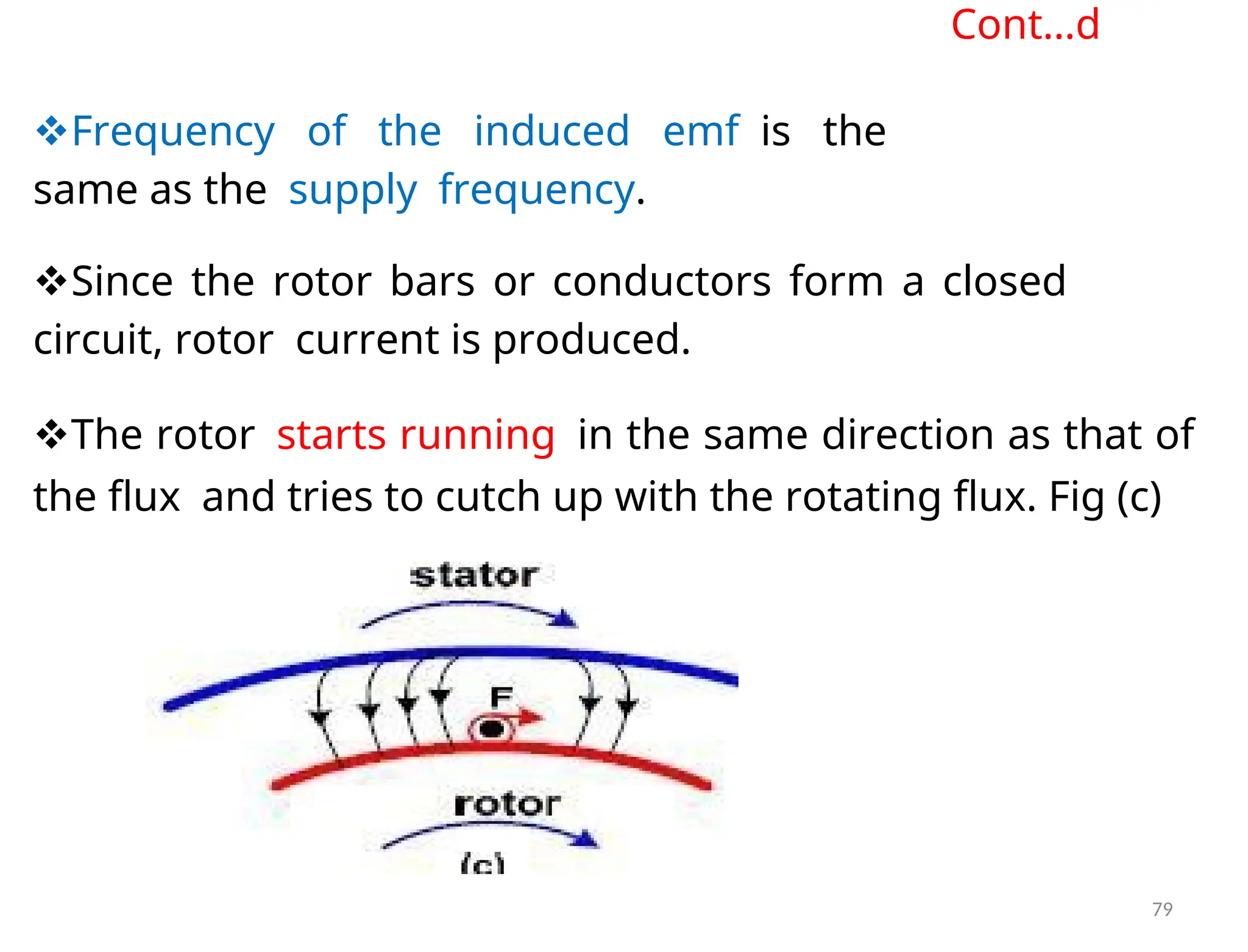 Cont…d
Frequency of the induced emfis the
same as thesupplyfrequency.
Since the rotor bars or conductors form a closed
circuit, rotorcurrent is produced.
The rotorstarts runningin the same direction as that of
the fluxand tries to cutch up with the rotating flux. Fig (c)
79
 