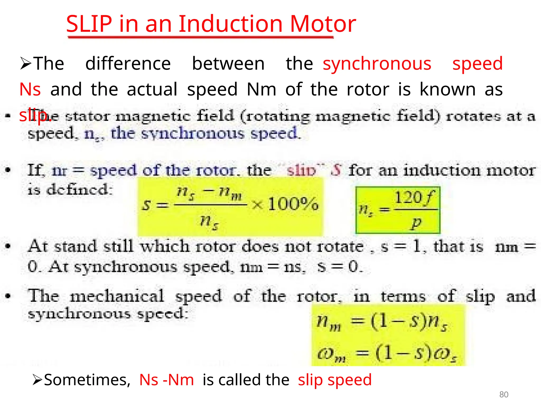 SLIP in an Induction Motor
The difference between thesynchronous speed
Nsand the actualspeed Nm of the rotor is known as
slip.
Sometimes,Ns -Nmis called theslip speed
80
 