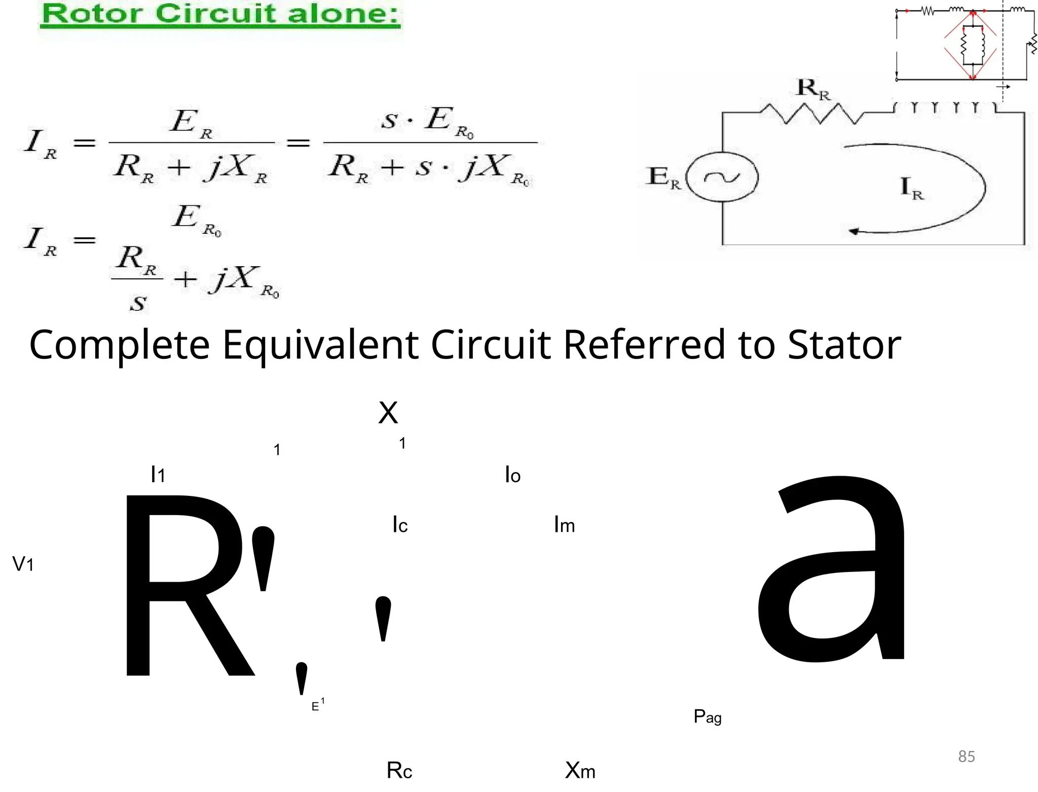 Complete Equivalent Circuit Referred to Stator
X
1
1
I1 Io
Ic Im
V1
E
R' Pag
a
1 '
' Rc Xm
85
 
