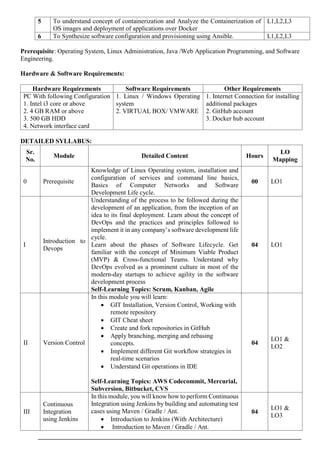 5 To understand concept of containerization and Analyze the Containerization of
OS images and deployment of applications over Docker
L1,L2,L3
6 To Synthesize software configuration and provisioning using Ansible. L1,L2,L3
Prerequisite: Operating System, Linux Administration, Java /Web Application Programming, and Software
Engineering.
Hardware & Software Requirements:
Hardware Requirements Software Requirements Other Requirements
PC With following Configuration
1. Intel i3 core or above
2. 4 GB RAM or above
3. 500 GB HDD
4. Network interface card
1. Linux / Windows Operating
system
2. VIRTUAL BOX/ VMWARE
1. Internet Connection for installing
additional packages
2. GitHub account
3. Docker hub account
DETAILED SYLLABUS:
Sr.
No.
Module Detailed Content Hours
LO
Mapping
0 Prerequisite
Knowledge of Linux Operating system, installation and
configuration of services and command line basics,
Basics of Computer Networks and Software
Development Life cycle.
00 LO1
I
Introduction to
Devops
Understanding of the process to be followed during the
development of an application, from the inception of an
idea to its final deployment. Learn about the concept of
DevOps and the practices and principles followed to
implement it in any company’s software development life
cycle.
Learn about the phases of Software Lifecycle. Get
familiar with the concept of Minimum Viable Product
(MVP) & Cross-functional Teams. Understand why
DevOps evolved as a prominent culture in most of the
modern-day startups to achieve agility in the software
development process
Self-Learning Topics: Scrum, Kanban, Agile
04 LO1
II Version Control
In this module you will learn:
 GIT Installation, Version Control, Working with
remote repository
 GIT Cheat sheet
 Create and fork repositories in GitHub
 Apply branching, merging and rebasing
concepts.
 Implement different Git workflow strategies in
real-time scenarios
 Understand Git operations in IDE
Self-Learning Topics: AWS Codecommit, Mercurial,
Subversion, Bitbucket, CVS
04
LO1 &
LO2
III
Continuous
Integration
using Jenkins
In this module, you will know how to perform Continuous
Integration using Jenkins by building and automating test
cases using Maven / Gradle / Ant.
 Introduction to Jenkins (With Architecture)
 Introduction to Maven / Gradle / Ant.
04
LO1 &
LO3
 