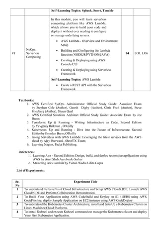 Self-Learning Topics: Splunk, Snort, Tenable
VI
NoOps:
Serverless
Computing
In this module, you will learn serverless
computing platform like AWS Lambda,
which allows you to build your code and
deploy it without ever needing to configure
or manage underlying servers.
 AWS Lambda - Overview and Environment
Setup
 Building and Configuring the Lambda
function (NODEJS/PYTHON/JAVA)
 Creating & Deploying using AWS
Console/CLI
 Creating & Deploying using Serverless
Framework
Self-Learning Topics: AWS Lambda
 Create a REST API with the Serverless
Framework
04 LO1, LO6
Textbooks:
1. AWS Certified SysOps Administrator Official Study Guide: Associate Exam
by Stephen Cole (Author), Gareth Digby (Author), Chris Fitch (Author), Steve
Friedberg (Author), Shaun Qual
2. AWS Certified Solutions Architect Official Study Guide: Associate Exam by Joe
Baron
3. Terraform: Up & Running - Writing Infrastructure as Code, Second Edition
by Yevgeniy Brikman , O'Reilly
4. Kubernetes: Up and Running - Dive into the Future of Infrastructure, Second
Editionby Brendan Burns,O'Reilly
5. Going Serverless with AWS Lambda: Leveraging the latest services from the AWS
cloud by Ajay Pherwani , Shroff/X-Team;
6. Learning Nagios, Packt Publishing.
References:
1. Learning Aws - Second Edition: Design, build, and deploy responsive applications using
AWS by Amit Shah Aurobindo Sarkar
2. Mastering Aws Lambda by Yohan Wadia Udita Gupta
List of Experiments:
Sr.
No
Experiment Title
1 To understand the benefits of Cloud Infrastructure and Setup AWS Cloud9 IDE, Launch AWS
Cloud9 IDE and Perform Collaboration Demonstration.
2 To Build Your Application using AWS CodeBuild and Deploy on S3 / SEBS using AWS
CodePipeline, deploy Sample Application on EC2 instance using AWS CodeDeploy.
3 To understand the Kubernetes Cluster Architecture, install and Spin Up a Kubernetes Cluster on
Linux Machines/Cloud Platforms.
4 To install Kubectl and execute Kubectl commands to manage the Kubernetes cluster and deploy
Your First Kubernetes Application.
 