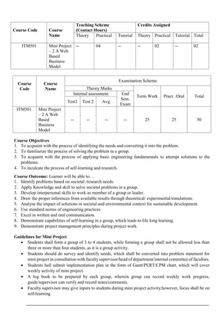 Course Code Course
Name
Teaching Scheme
(Contact Hours)
Credits Assigned
Theory Practical Tutorial Theory Practical Tutorial Total
ITM501 Mini Project
– 2 A Web
Based
Business
Model
-- 04 -- -- 02 -- 02
Course
Code
Course
Name
Examination Scheme
Theory Marks
Term Work Pract. /Oral Total
Internal assessment End
Sem.
Exam
Test1 Test 2 Avg.
ITM501 Mini Project
– 2 A Web
Based
Business
Model
-- -- -- -- 25 25 50
Course Objectives
1. To acquaint with the process of identifying the needs and converting it into the problem.
2. To familiarize the process of solving the problem in a group.
3. To acquaint with the process of applying basic engineering fundamentals to attempt solutions to the
problems.
4. To inculcate the process of self-learning and research.
Course Outcome: Learner will be able to…
1. Identify problems based on societal /research needs.
2. Apply Knowledge and skill to solve societal problems in a group.
3. Develop interpersonal skills to work as member of a group or leader.
4. Draw the proper inferences from available results through theoretical/ experimental/simulations.
5. Analyse the impact of solutions in societal and environmental context for sustainable development.
6. Use standard norms of engineering practices
7. Excel in written and oral communication.
8. Demonstrate capabilities of self-learning in a group, which leads to life long learning.
9. Demonstrate project management principles during project work.
Guidelines for Mini Project
 Students shall form a group of 3 to 4 students, while forming a group shall not be allowed less than
three or more than four students, as it is a group activity.
 Students should do survey and identify needs, which shall be converted into problem statement for
mini project in consultation with faculty supervisor/head of department/internal committee of faculties.
 Students hall submit implementation plan in the form of Gantt/PERT/CPM chart, which will cover
weekly activity of mini project.
 A log book to be prepared by each group, wherein group can record weekly work progress,
guide/supervisor can verify and record notes/comments.
 Faculty supervisor may give inputs to students during mini project activity;however, focus shall be on
self-learning.
 