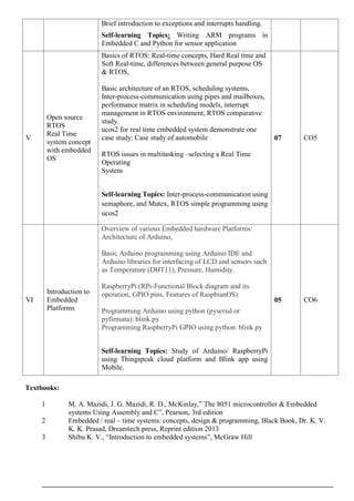 Brief introduction to exceptions and interrupts handling.
Self-learning Topics: Writing ARM programs in
Embedded C and Python for sensor application
V
Open source
RTOS
Real Time
system concept
with embedded
OS
Basics of RTOS: Real-time concepts, Hard Real time and
Soft Real-time, differences between general purpose OS
& RTOS,
Basic architecture of an RTOS, scheduling systems,
Inter-process-communication using pipes and mailboxes,
performance matrix in scheduling models, interrupt
management in RTOS environment, RTOS comparative
study.
ucos2 for real time embedded system demonstrate one
case study: Case study of automobile
RTOS issues in multitasking –selecting a Real Time
Operating
System
Self-learning Topics: Inter-process-communication using
semaphore, and Mutex, RTOS simple programming using
ucos2
07 CO5
VI
Introduction to
Embedded
Platforms
Overview of various Embedded hardware Platforms:
Architecture of Arduino,
Basic Arduino programming using Arduino IDE and
Arduino libraries for interfacing of LCD and sensors such
as Temperature (DHT11), Pressure, Humidity.
RaspberryPi (RPi-Functional Block diagram and its
operation, GPIO pins, Features of RaspbianOS)
Programming Arduino using python (pyserial or
pyfirmata): blink.py
Programming RaspberryPi GPIO using python: blink.py
Self-learning Topics: Study of Arduino/ RaspberryPi
using Thingspeak cloud platform and Blink app using
Mobile.
05 CO6
Textbooks:
1 M. A. Mazidi, J. G. Mazidi, R. D., McKinlay,” The 8051 microcontroller & Embedded
systems Using Assembly and C”, Pearson, 3rd edition
2 Embedded / real – time systems: concepts, design & programming, Black Book, Dr. K. V.
K. K. Prasad, Dreamtech press, Reprint edition 2013
3 Shibu K. V., “Introduction to embedded systems”, McGraw Hill
 