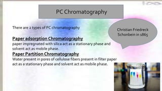 PC Chromatography
There are 2 types of PC chromatography
Paper adsorption Chromatography
paper impregnated with silica act as a stationary phase and
solvent act as mobile phase.
Paper Partition Chromatography
Water present in pores of cellulose fibers present in filter paper
act as a stationary phase and solvent act as mobile phase.
Christian Friedreck
Schonbein in 1865
 