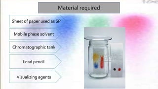 Material required
Mobile phase solvent
Sheet of paper used as SP
Chromatographic tank
Lead pencil
Visualizing agents
 