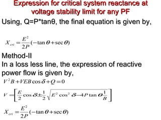 Expression for critical system reactance atExpression for critical system reactance at
voltage stability limit for any PFvoltage stability limit for any PF
)sectan(
2
2
θθ +−=
P
E
Xcri
Using, Q=P*tanUsing, Q=P*tanθθ, the final equation is given by,, the final equation is given by,
Method-IIMethod-II
In a loss less line, the expression of reactiveIn a loss less line, the expression of reactive
power flow is given by,power flow is given by,
0cos2
=++ QVEBBV δ






−±=
B
PE
E
V
1
tan4cos
2
1
cos
2
22
θδδ
)sectan(
2
2
θθ +−=
P
E
Xcri
 