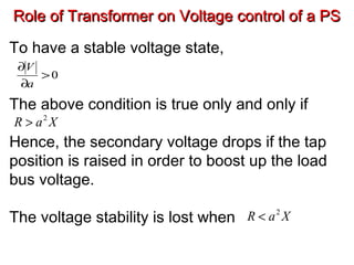 Role of Transformer on Voltage control of a PSRole of Transformer on Voltage control of a PS
To have a stable voltage state,
The above condition is true only and only if
Hence, the secondary voltage drops if the tap
position is raised in order to boost up the load
bus voltage.
The voltage stability is lost when
0>
∂
∂
a
V
XaR 2
>
XaR 2
<
 
