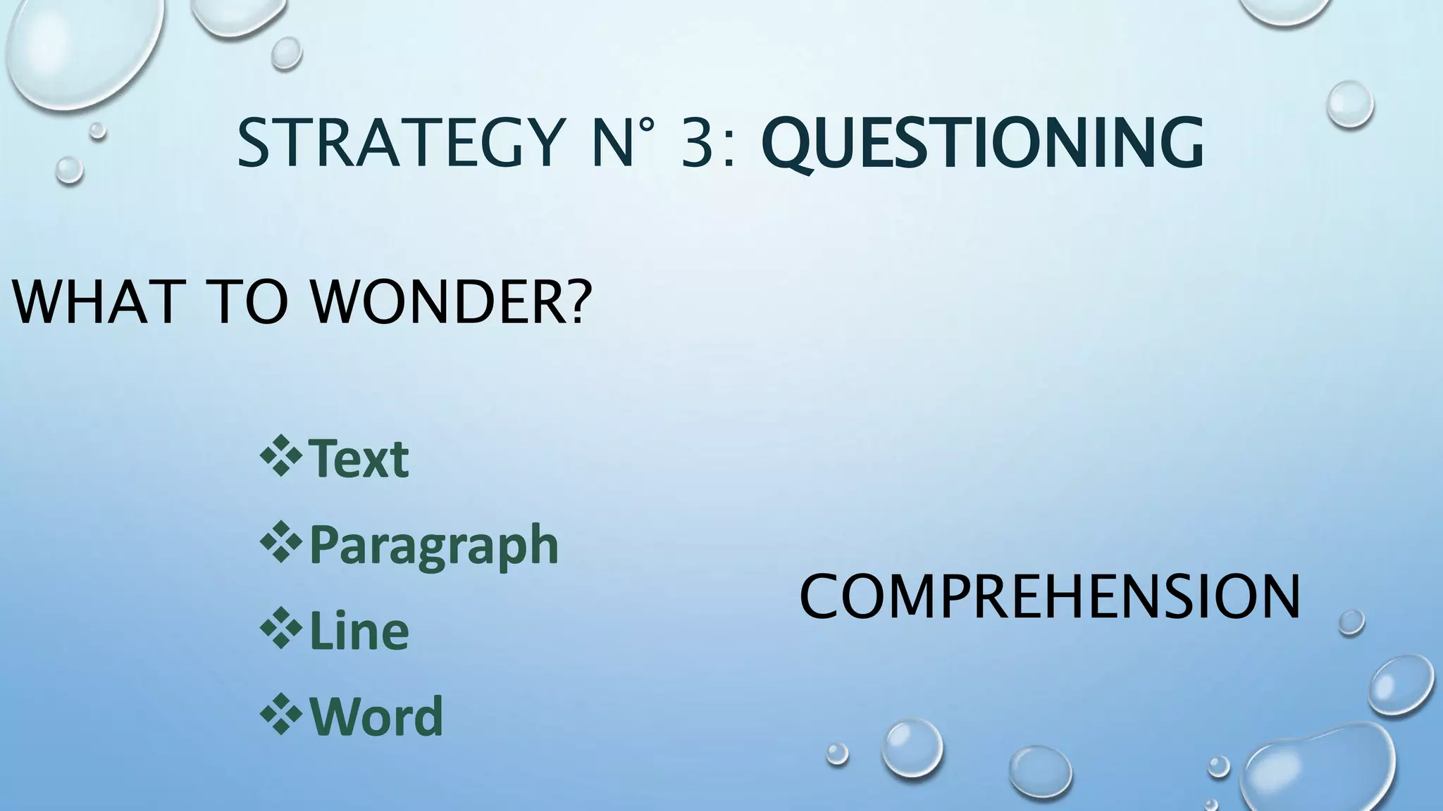 WHAT TO WONDER?
Text
Paragraph
Line
Word
STRATEGY N° 3: QUESTIONING
COMPREHENSION
 