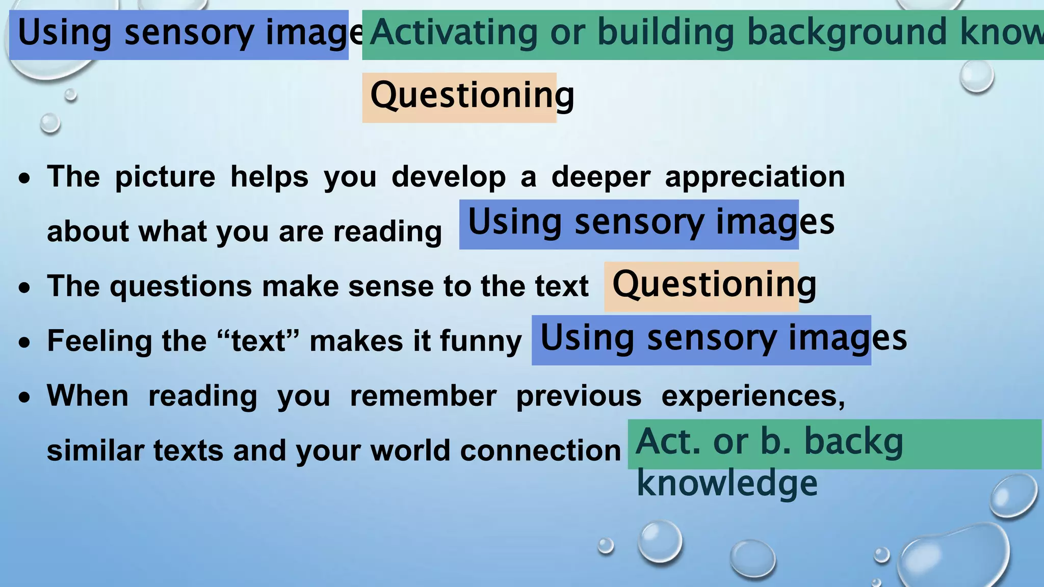 Using sensory images
Activating or building background know
Questioning
 The picture helps you develop a deeper appreciation
about what you are reading
 The questions make sense to the text
 Feeling the “text” makes it funny
 When reading you remember previous experiences,
similar texts and your world connection
Using sensory images
Questioning
Using sensory images
Act. or b. backg
knowledge
 