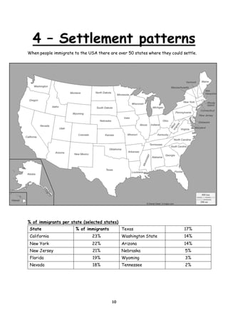 4 – Settlement patterns
When people immigrate to the USA there are over 50 states where they could settle.

% of immigrants per state (selected states)
State

% of immigrants

Texas

17%

California

23%

Washington State

14%

New York

22%

Arizona

14%

New Jersey

21%

Nebraska

5%

Florida

19%

Wyoming

3%

Nevada

18%

Tennessee

2%

10

 