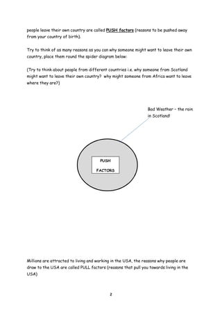 people leave their own country are called PUSH factors (reasons to be pushed away
from your country of birth).
Try to think of as many reasons as you can why someone might want to leave their own
country, place them round the spider diagram below:
(Try to think about people from different countries i.e. why someone from Scotland
might want to leave their own country? why might someone from Africa want to leave
where they are?)

Bad Weather – the rain
in Scotland!

PUSH
FACTORS

Millions are attracted to living and working in the USA, the reasons why people are
draw to the USA are called PULL factors (reasons that pull you towards living in the
USA)

2

 