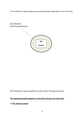 Try to think of as many reasons as you can why someone might want to live in the USA

Good Weather!
Sunny Florida/California

Pull
Factors

All of these PULL factors together are often called ‘The American Dream’

The reasons why people immigrate to the USA can be put into 3 key areas:
A) The American Dream

3

 