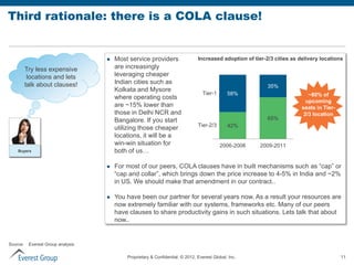 Third rationale: there is a COLA clause!


                                       Most service providers                  Increased adoption of tier-2/3 cities as delivery locations

          Try less expensive            are increasingly
           locations and lets           leveraging cheaper
          talk about clauses!           Indian cities such as
                                                                                                            35%
                                        Kolkata and Mysore
                                                                                  Tier-1       58%                           ~80% of
                                        where operating costs
                                                                                                                            upcoming
                                        are ~15% lower than                                                               seats in Tier-
                                        those in Delhi NCR and                                                             2/3 location
                                        Bangalore. If you start                                             65%
                                                                                Tier-2/3       42%
                                        utilizing those cheaper
                                        locations, it will be a
                                        win-win situation for                              2006-2008     2009-2011
    Buyers                              both of us…

                                       For most of our peers, COLA clauses have in built mechanisms such as “cap” or
                                        “cap and collar”, which brings down the price increase to 4-5% in India and ~2%
                                        in US. We should make that amendment in our contract..

                                       You have been our partner for several years now. As a result your resources are
                                        now extremely familiar with our systems, frameworks etc. Many of our peers
                                        have clauses to share productivity gains in such situations. Lets talk that about
                                        now..


Source:    Everest Group analysis

                                            Proprietary & Confidential. © 2012, Everest Global, Inc.                                       11
 