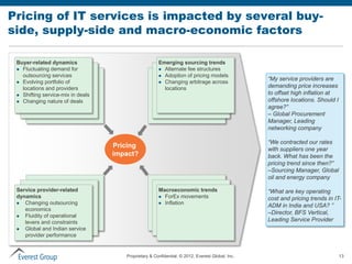 Pricing of IT services is impacted by several buy-
side, supply-side and macro-economic factors

 Buyer-related dynamics                               Emerging sourcing trends
  Fluctuating demand for                              Alternate fee structures
   outsourcing services                                Adoption of pricing models
                                                                                                 “My service providers are
  Evolving portfolio of                               Changing arbitrage across
   locations and providers                              locations                                demanding price increases
  Shifting service-mix in deals                                                                 to offset high inflation at
  Changing nature of deals                                                                      offshore locations. Should I
                                                                                                 agree?”
                                                                                                 – Global Procurement
                                                                                                 Manager, Leading
                                                                                                 networking company

                                                                                                 “We contracted our rates
                                   Pricing                                                       with suppliers one year
                                   impact?                                                       back. What has been the
                                                                                                 pricing trend since then?”
                                                                                                 –Sourcing Manager, Global
                                                                                                 oil and energy company

 Service provider-related                             Macroeconomic trends                       “What are key operating
 dynamics                                              ForEx movements
                                                                                                 cost and pricing trends in IT-
   Changing outsourcing                               Inflation
                                                                                                 ADM in India and USA? ”
    economics
                                                                                                 –Director, BFS Vertical,
   Fluidity of operational
    levers and constraints                                                                       Leading Service Provider
   Global and Indian service
    provider performance


                                      Proprietary & Confidential. © 2012, Everest Global, Inc.                                  13
 
