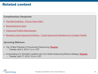 Related content


Complimentary Viewpoints

   Price Benchmarking – Time to Take a Hike?

   Benchmarking for Good

   Outsourced Portfolio Rationalization

   Managing Large Outsourcing Portfolios – Typical Issues and Implications of a Complex Portfolio


Upcoming Webinars

   Top 10 Best Practices in Procurement Outsourcing | Register
    – Tuesday, April 3, 2012 | 1 p.m. CDT

   Incorporating U.S. Domestic Locations into Your Global Outsourcing Delivery Strategy | Register
     – Tuesday, April 17, 2012 | 12 p.m. CDT




                                      Proprietary & Confidential. © 2012, Everest Global, Inc.        16
 