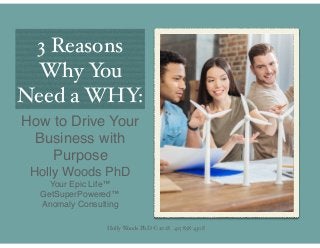 Holly Woods PhD © 2018 415-858-4308
3 Reasons
Why You
Need a WHY:
How to Drive Your
Business with
Purpose
Holly Woods PhD
Your Epic Life™
GetSuperPowered™
Anomaly Consulting
 