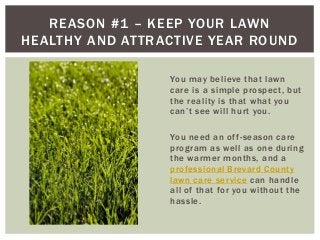 REASON #1 – KEEP YOUR LAWN
HEALTHY AND ATTRACTIVE YEAR ROUND
You may believe that lawn
care is a simple prospect, but
the reality is that what you
can’t see will hurt you.
You need an of f-season care
program as well as one during
the warmer months, and a
professional Brevard County
lawn care service can handle
all of that for you without the
hassle.