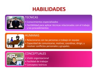 HABILIDADES
TECNICAS
• Conocimientos especializados
• Factibilidad para aplicar técnicas relacionadas con el trabajo
y los procedimientos
HUMANAS
• Relacionarse con las personas o trabajo en equipo
• Capacidad de comunicarse, motivar, coordinar, dirigir, y
resolver conflictos personales y grupales.
CONCEPTUALES
• Visión organizacional
• Facilidad de trabajar
• Conceptos teóricos
 