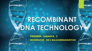 RECOMBINANT
DNA TECHNOLOGY
PRESENTER : SARANYA . S
MODERATOR : DR.V.BALASUBRAMANIYAN
1
 