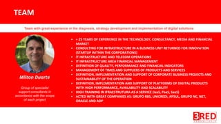 Team with great experience in the diagnosis, strategy development and implementation of digital solutions
▪
▪
▪
▪
▪
▪
▪
▪
▪
▪
Milton Duarte
Group of specialist
support consultants in
accordance with the scope
of each project
 