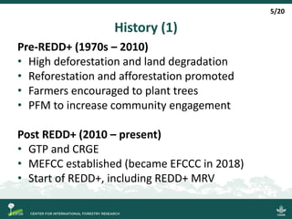 History (1)
Pre-REDD+ (1970s – 2010)
• High deforestation and land degradation
• Reforestation and afforestation promoted
• Farmers encouraged to plant trees
• PFM to increase community engagement
Post REDD+ (2010 – present)
• GTP and CRGE
• MEFCC established (became EFCCC in 2018)
• Start of REDD+, including REDD+ MRV
5/20
 