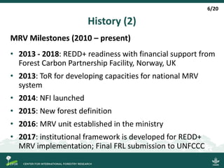 History (2)
• 2013 - 2018: REDD+ readiness with financial support from
Forest Carbon Partnership Facility, Norway, UK
• 2013: ToR for developing capacities for national MRV
system
• 2014: NFI launched
• 2015: New forest definition
• 2016: MRV unit established in the ministry
• 2017: institutional framework is developed for REDD+
MRV implementation; Final FRL submission to UNFCCC
MRV Milestones (2010 – present)
6/20
 