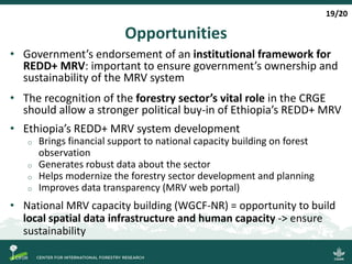 Opportunities
• Government’s endorsement of an institutional framework for
REDD+ MRV: important to ensure government’s own...