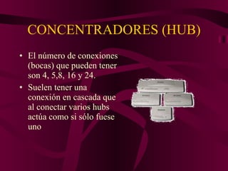 CONCENTRADORES (HUB) El número de conexiones (bocas) que pueden tener son 4, 5,8, 16 y 24. Suelen tener una conexión en cascada que al conectar varios hubs actúa como si sólo fuese uno 