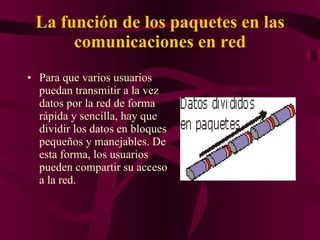 La función de los paquetes en las comunicaciones en red Para que varios usuarios puedan transmitir a la vez datos por la red de forma rápida y sencilla, hay que dividir los datos en bloques pequeños y manejables. De esta forma, los usuarios pueden compartir su acceso a la red.  