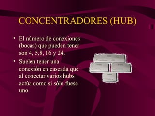 CONCENTRADORES (HUB)
• El número de conexiones
  (bocas) que pueden tener
  son 4, 5,8, 16 y 24.
• Suelen tener una
  conexión en cascada que
  al conectar varios hubs
  actúa como si sólo fuese
  uno
 