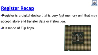 Register Recap
Register is a digital device that is very fast memory unit that may
accept, store and transfer data or instruction.
It is made of Flip flops.
 