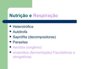 Nutrição e Respiração

 Heterotrófica
 Autótrofa
 Saprófita   (decompositoras)
 Parasitas
 Aeróbia (oxigênio)
 anaeróbia (fermentação) Facultativas e
  obrigatórias
 
