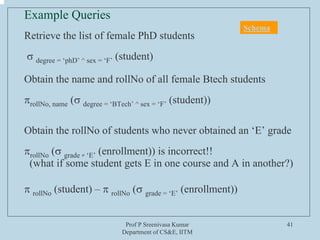 Prof P Sreenivasa Kumar
Department of CS&E, IITM
41
Example Queries
Retrieve the list of female PhD students
σ degree = ‘phD’ ^ sex = ‘F’ (student)
Obtain the name and rollNo of all female Btech students
πrollNo, name (σ degree = ‘BTech’ ^ sex = ‘F’ (student))
Obtain the rollNo of students who never obtained an ‘E’ grade
πrollNo (σ grade ≠ ‘E’ (enrollment)) is incorrect!!
(what if some student gets E in one course and A in another?)
π rollNo (student) – π rollNo (σ grade = ‘E’ (enrollment))
Schema
 