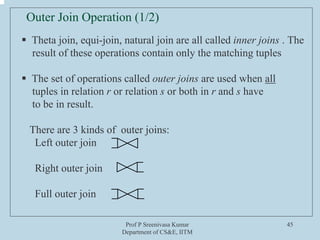 Prof P Sreenivasa Kumar
Department of CS&E, IITM
45
ƒ Theta join, equi-join, natural join are all called inner joins . The
result of these operations contain only the matching tuples
ƒ The set of operations called outer joins are used when all
tuples in relation r or relation s or both in r and s have
to be in result.
There are 3 kinds of outer joins:
Left outer join
Right outer join
Full outer join
Outer Join Operation (1/2)
 