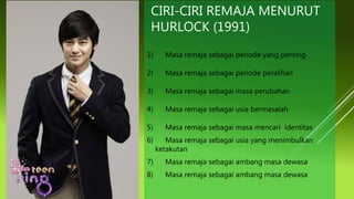CIRI-CIRI REMAJA MENURUT
HURLOCK (1991)
1) Masa remaja sebagai periode yang penting
2) Masa remaja sebagai periode peralihan
3) Masa remaja sebagai masa perubahan
4) Masa remaja sebagai usia bermasalah
5) Masa remaja sebagai masa mencari identitas
6) Masa remaja sebagai usia yang menimbulkan
ketakutan
7) Masa remaja sebagai ambang masa dewasa
8) Masa remaja sebagai ambang masa dewasa
 